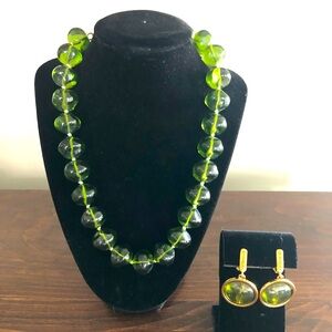 Vintage Givenchy Green Cabochon Gold Logo Chunky Choker & Clip Earring Set